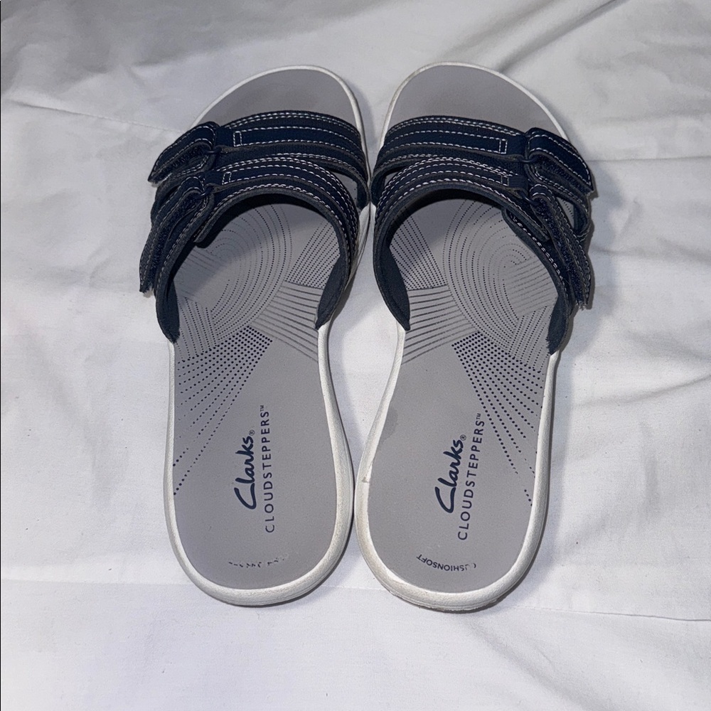 Clarks Cloudsteppers Sandals Womens 8 Navy Comfort Cushioned Slide Walking - Picture 5 of 9